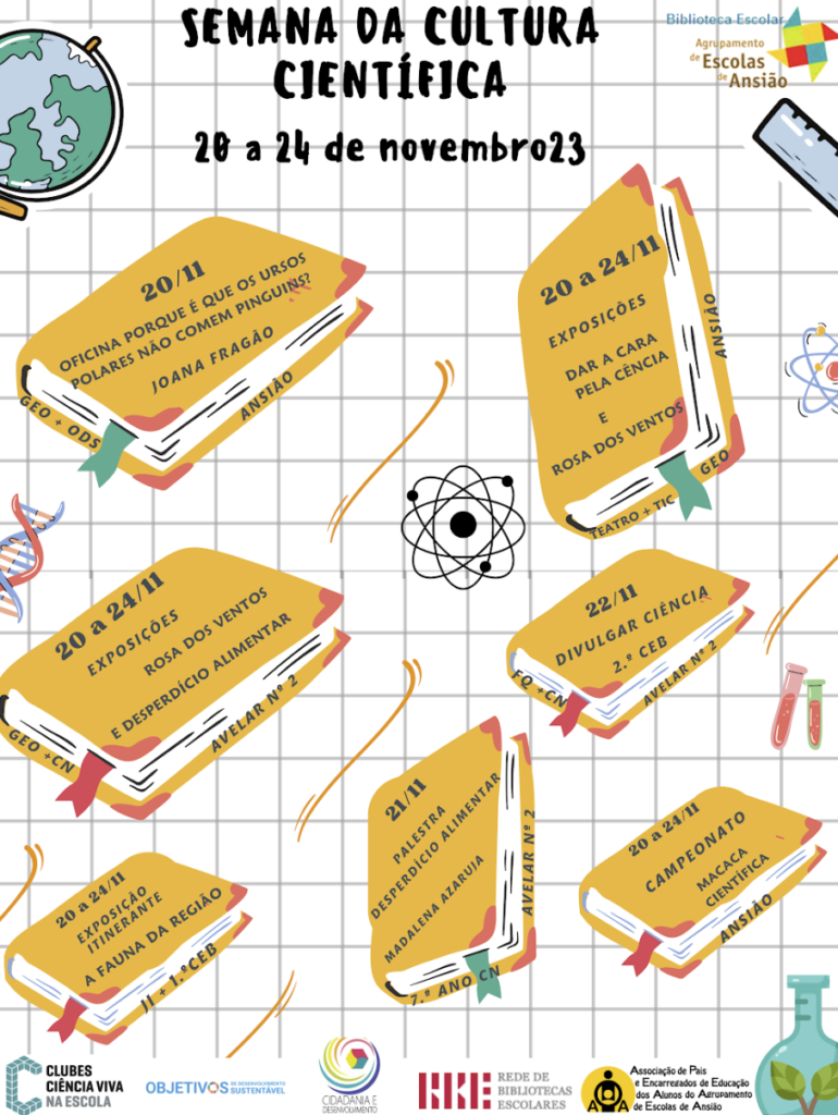 Cartaz da Semana da Cultura Científica, 20 a 24 de novembro de 2023, com atividades em forma de livros e logótipos.