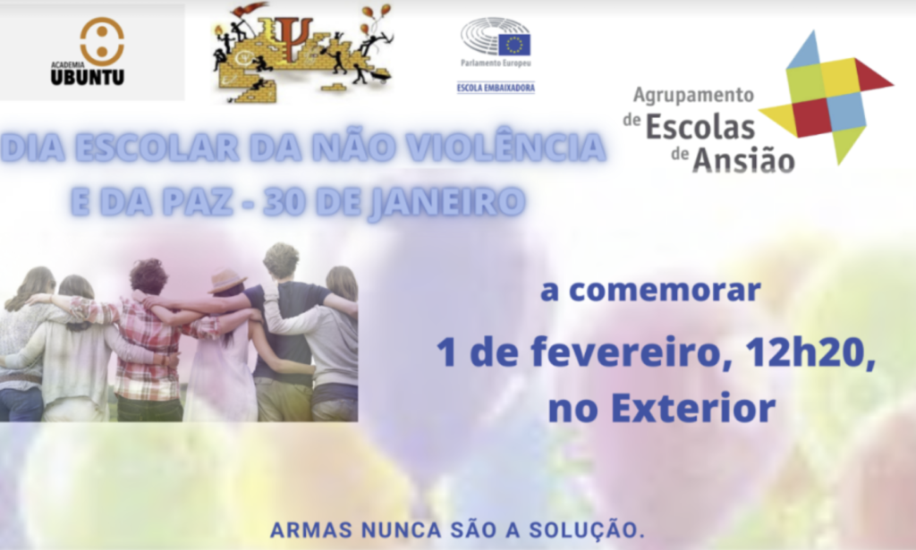 Cartaz do Dia Escolar da Não Violência e da Paz: comemoração a 1 de fevereiro, às 12h20, no exterior.